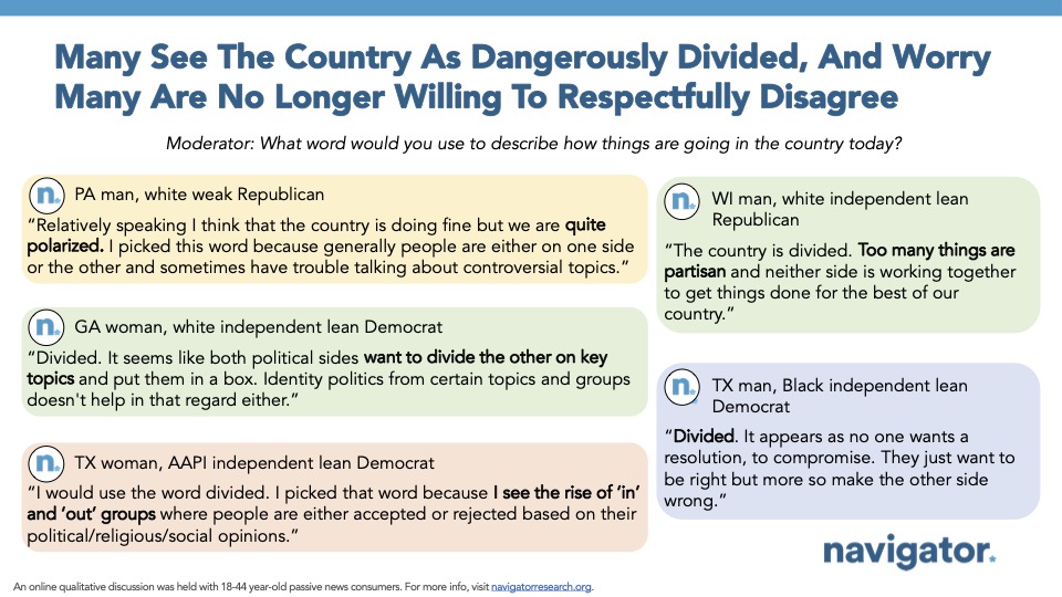Slide from Navigator Research titled: Many See The Country As Dangerously Divided, And Worry Many Are No Longer Willing To Respectfully Disagree