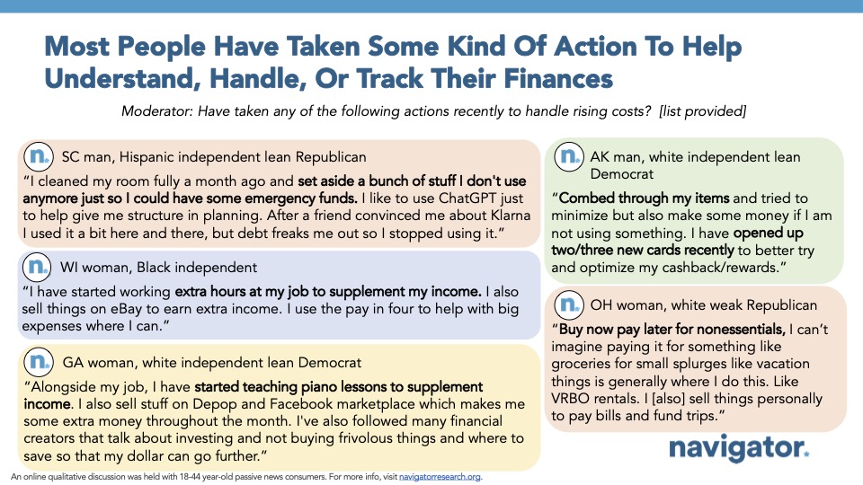 Slide from Navigator Research titled: Most People Have Taken Some Kind Of Action To Help Understand, Handle, Or Track Their Finances