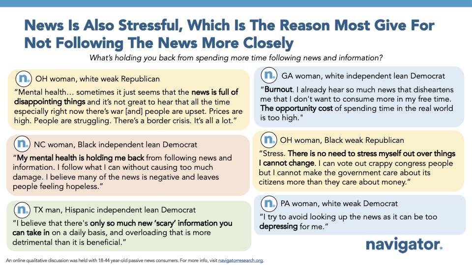 Slide from Navigator Research titled: News Is Also Stressful, Which Is The Reason Most Give For Not Following The News More Closely