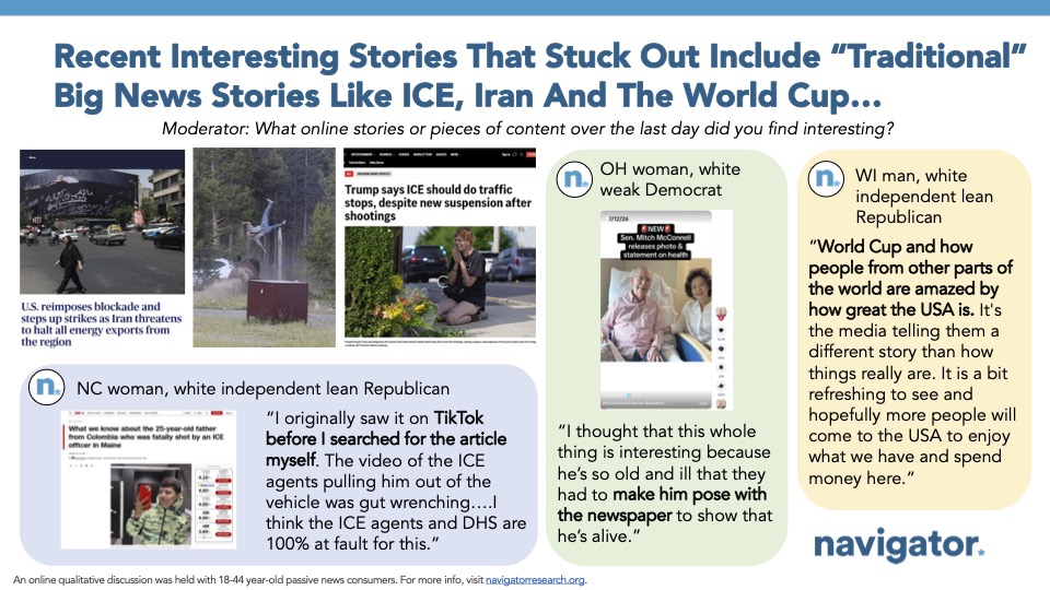 Slide from Navigator Research titled: Recent Interesting Stories That Stuck Out Include “Traditional” Big News Stories Like ICE, Iran And The World Cup…
