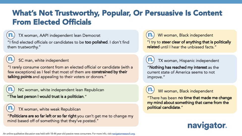 Slide from Navigator Research titled: What’s Not Trustworthy, Popular, Or Persuasive Is Content From Elected Officials