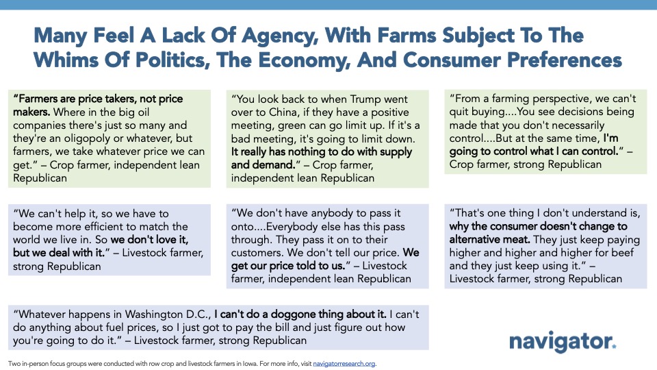 Slide from Navigator Research titled: Many Feel a Lack of Agency, With Farms Subjected to The Whims Of Politics, The Economy, And Consumer Preferences