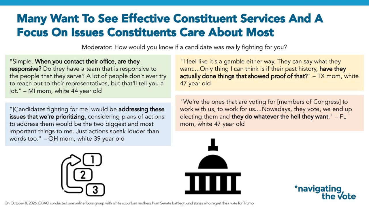 Slide from Navigator Research titled: Many Want to See Effective Constituent Services and a Focus on Issues Constituents Care About Most