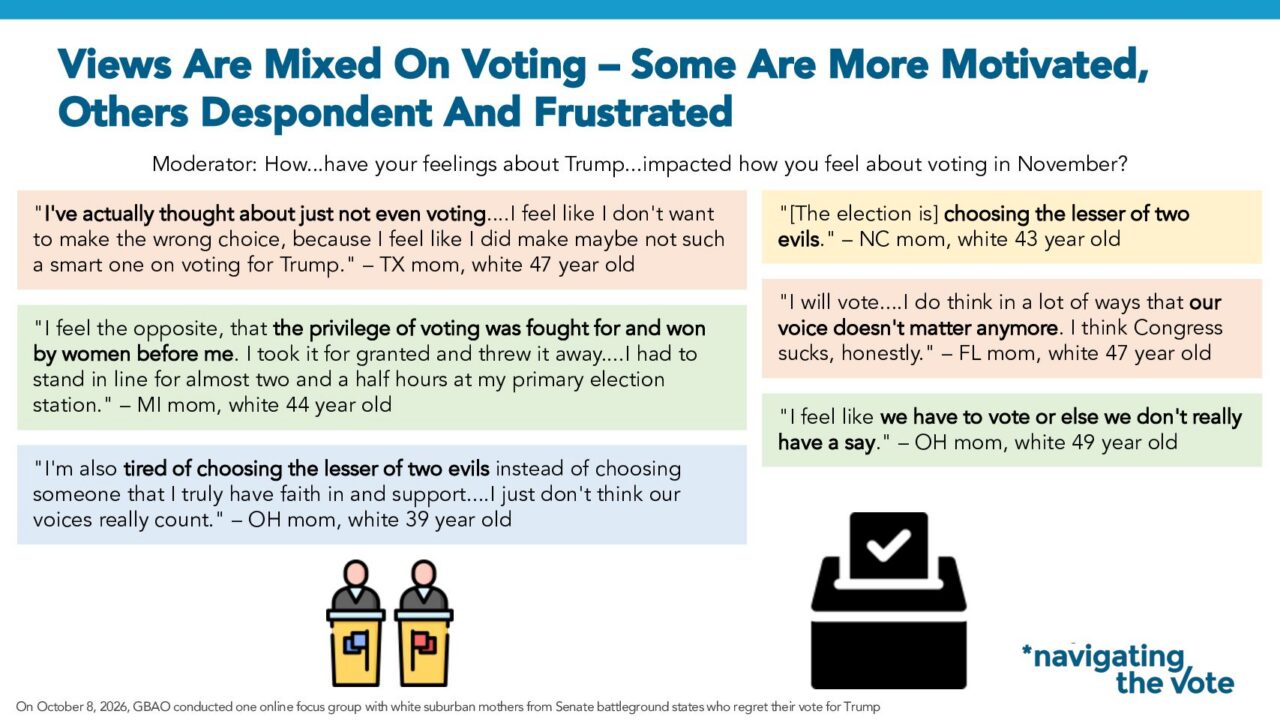 Slide from Navigator Research titled: Views are Mixed on Voting - Some are More Motivated, Others Despondent and Frustrated